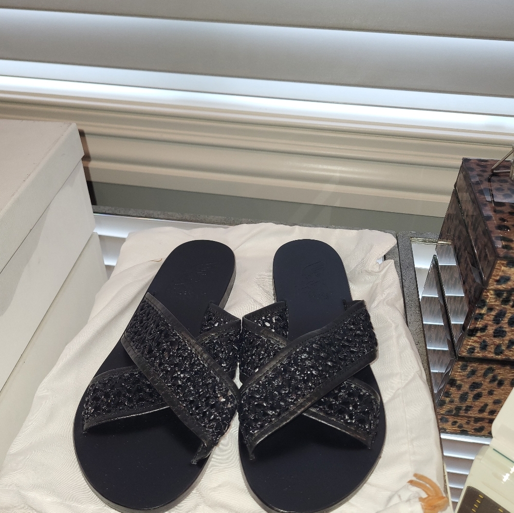 Ancient Greek Sandals Thais Raffia Black